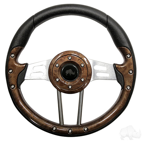 Steering Wheel, Aviator 4 Woodgrain Grip/Brushed Aluminum Spokes 13